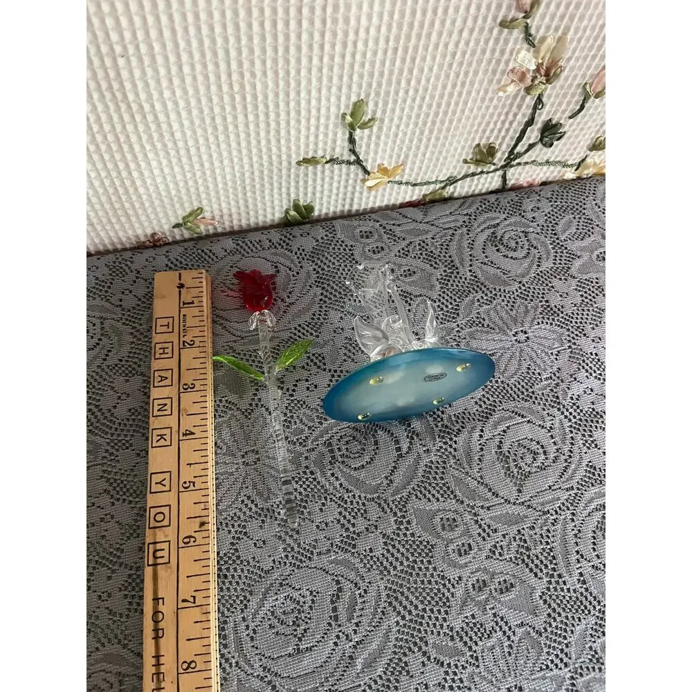 Spun Glass Swan Figurine and Red Rose Set Blown Art Glass Frosted Base 2 Piece
